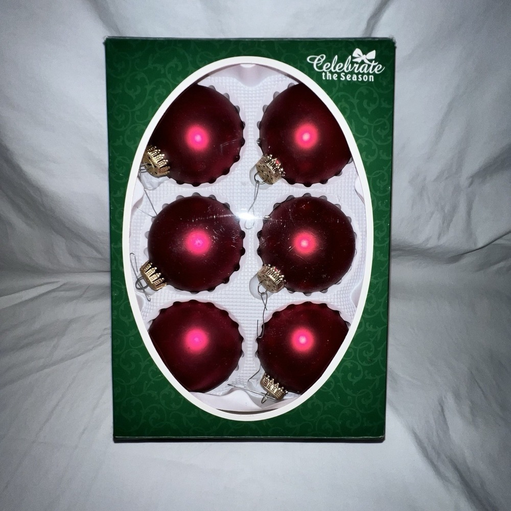 Celebrate The Season Ornaments 6 Glass Cranberry red Maroon Christmas Decoration